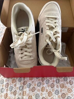 Puma Cream Suede Sneakers with Black Side Stripe